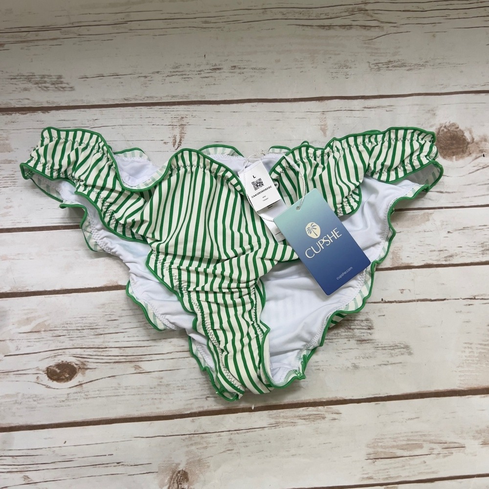 Cupshe Bikini Bottom Green White Striped Ruffle Ribbed Swim Size L